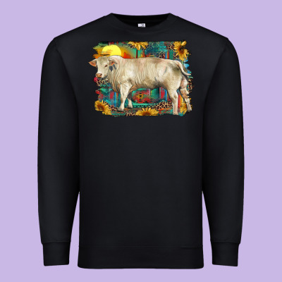 Western Charolais Bull And Aztec Sunflower Background Premium Sweatshirt Designed By Ranaportraitstore