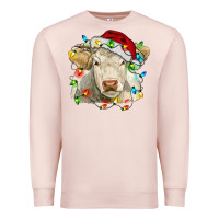 Pale Pink charolais cattle cow with christmas lights and hat Premium Sweatshirt - RanaPortraitStore