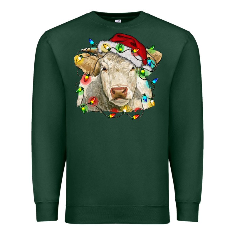 Charolais Cattle Cow With Christmas Lights And Hat Premium Sweatshirt by RanaPortraitStore | Teevron
