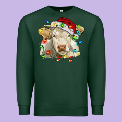 Charolais Cattle Cow With Christmas Lights And Hat Premium Sweatshirt Designed By Ranaportraitstore