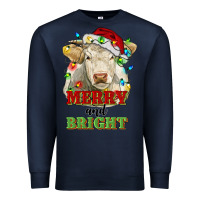 Navy merry and bright charolais cattle cow with christm Premium Sweatshirt - RanaPortraitStore