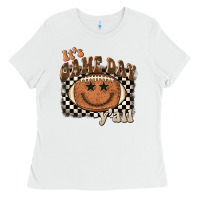 White it's game day y'all football smiley face Ladies Tee - BarkalooDesign