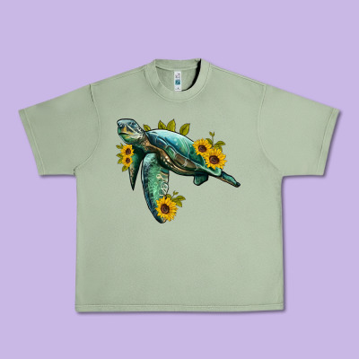 Sea Turtle With Sunflowers Urban Heavy Tee Designed By Artiststas