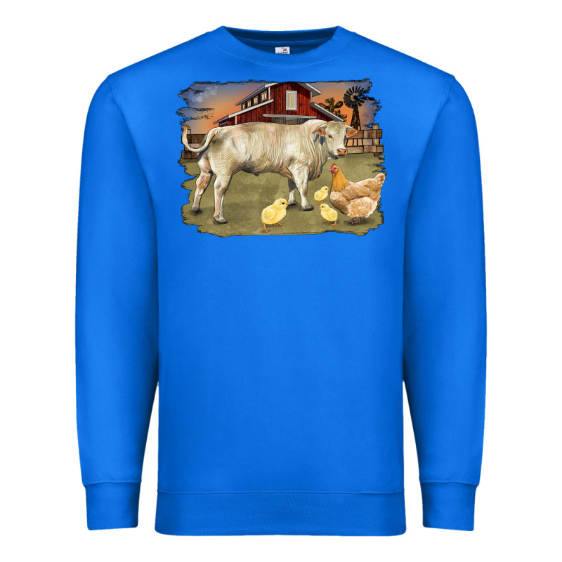 Charolaris Bull And Chicken In Barnyard Premium Sweatshirt by RanaPortraitStore | Teevron