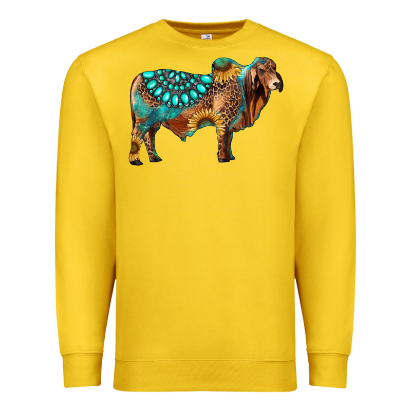 Brahman Bull Gemstone Turquoise And Sunflower Premium Sweatshirt by RanaPortraitStore | Teevron