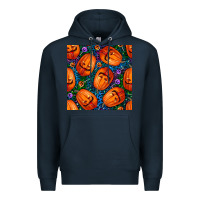 Navy halloween pumpkin and candy seamless pattern Premium Hoodie - BundleAndBundleShop