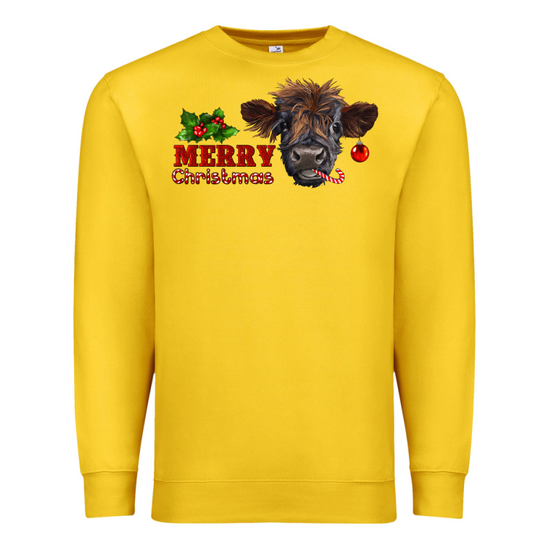Merry Christmas Highland Calf With Candy Cane Premium Sweatshirt by RanaPortraitStore | Teevron