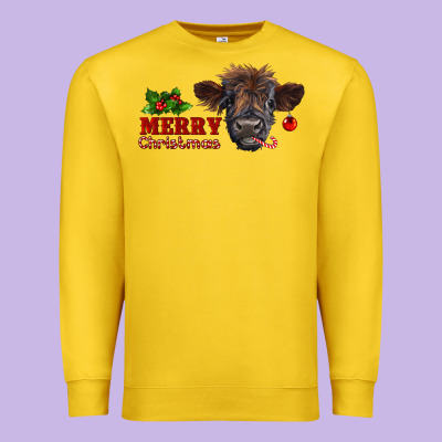 Merry Christmas Highland Calf With Candy Cane Premium Sweatshirt Designed By Ranaportraitstore