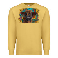 Antique Gold highland cow calf with western background Premium Sweatshirt - RanaPortraitStore