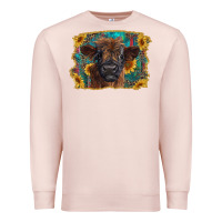 Pale Pink highland cow calf with western background Premium Sweatshirt - RanaPortraitStore