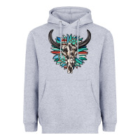 Heather Grey western bull skull with sunflower and gemstone Heavyweight Hoodie - texasbilliewilder