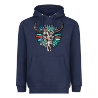 Navy western bull skull with sunflower and gemstone Heavyweight Hoodie - texasbilliewilder