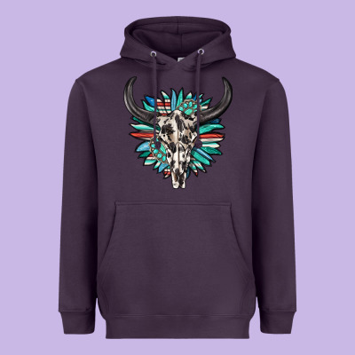 Heavyweight Hoodie western bull skull with sunflower and gemstone