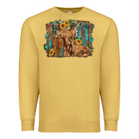 Antique Gold highland cow family cattle and calf with sunflower and turquoise backg Premium Sweatshirt - RanaPortraitStore