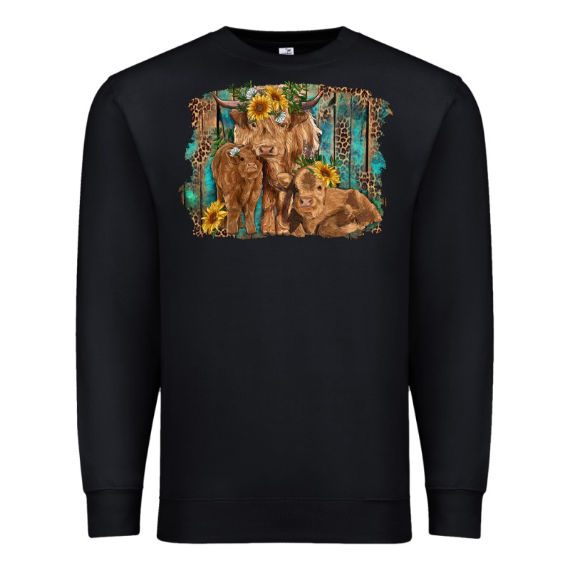 Highland Cow Family Cattle And Calf With Sunflower And Turquoise Backg Premium Sweatshirt by RanaPortraitStore | Teevron