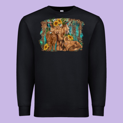 Highland Cow Family Cattle And Calf With Sunflower And Turquoise Backg Premium Sweatshirt Designed By Ranaportraitstore