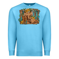 Ocean Blue highland cow family cattle and calf with sunflower and turquoise backg Premium Sweatshirt - RanaPortraitStore