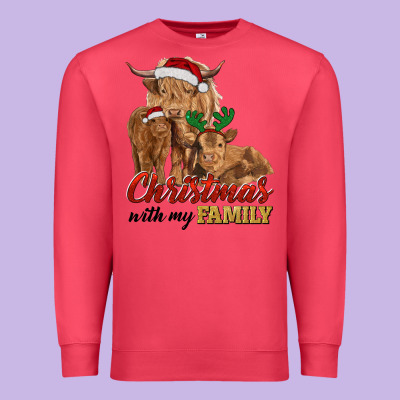 Christmas With My Family Highland Cow Cattle And Calves Premium Sweatshirt Designed By Ranaportraitstore