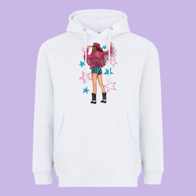 Heavyweight Hoodie western pink with stars and cowgirl