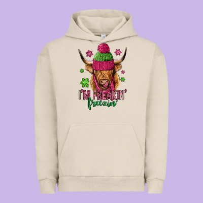 I'm Freakin Freezin Pink Christmas Long Haired Cow Urban Hoodie Designed By Jasminsmagicworld