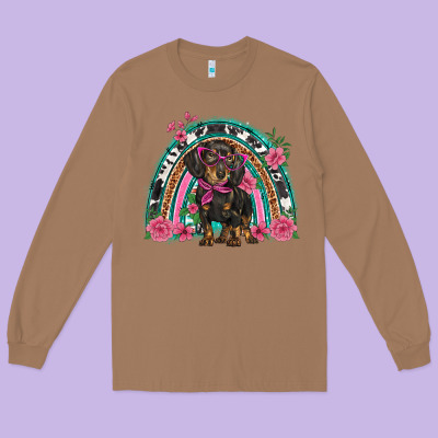 Dachshund Dog Pink  Floral Rainbow Long Sleeve Tee Designed By Barkaloodesign