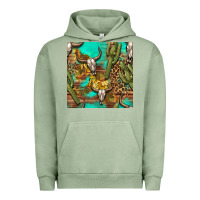 Pigment Oil Green western bull skull and cactus seamless pattern Urban Hoodie - BundleAndBundleShop