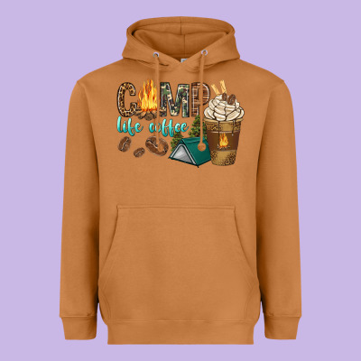 Heavyweight Hoodie camp life coffee with coffee cup
