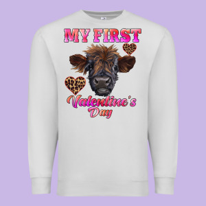 My First Valentine's Day Highland Calf Premium Sweatshirt Designed By Ranaportraitstore