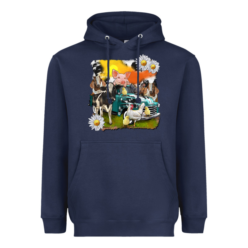 Cowhide Farm Truck With Farm Animals Heavyweight Hoodie by texasbilliewilder | Teevron