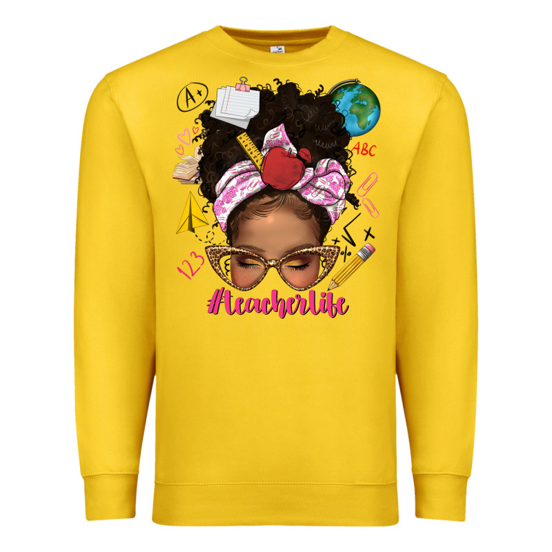 Afro Messy Bun Teacherlife Premium Sweatshirt by texasbilliewilder | Teevron