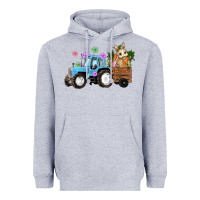 Heather Grey Happy Easter Tractor with Bunny Flowers and Carrot Heavyweight Hoodie - RanaPortraitStore