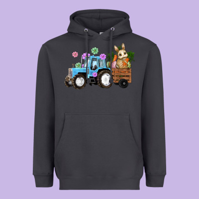 Heavyweight Hoodie Happy Easter Tractor with Bunny Flowers and Carrot