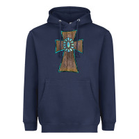 Navy Wood Turquoise Gemstone Cross Heavyweight Hoodie - RanaPortraitStore