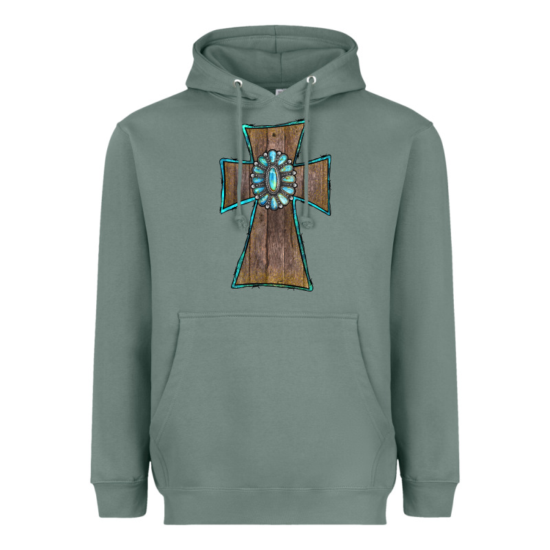 Wood Turquoise Gemstone Cross Heavyweight Hoodie by RanaPortraitStore | Teevron