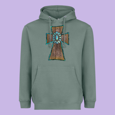 Heavyweight Hoodie Wood Turquoise Gemstone Cross
