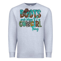 Heather Grey boots and bling its a cowgirl thing Premium Sweatshirt - texasbilliewilder