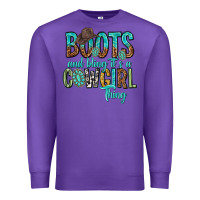 Purple boots and bling its a cowgirl thing Premium Sweatshirt - texasbilliewilder