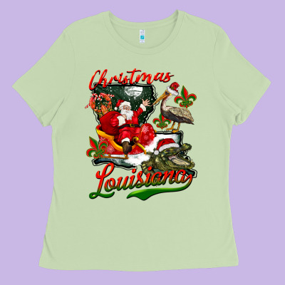 Louisiana Christmas With Santa Ladies Tee Designed By Barkaloodesign