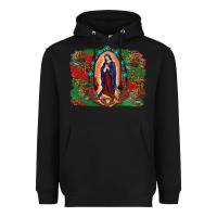 Black Mexican Flag Lady Of Guadalupe Distressed Backgrou Heavyweight Hoodie - RanaPortraitStore