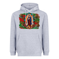 Heather Grey Mexican Flag Lady Of Guadalupe Distressed Backgrou Heavyweight Hoodie - RanaPortraitStore