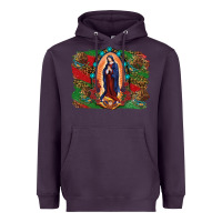 Plum Mexican Flag Lady Of Guadalupe Distressed Backgrou Heavyweight Hoodie - RanaPortraitStore