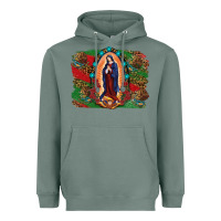 Sage Mexican Flag Lady Of Guadalupe Distressed Backgrou Heavyweight Hoodie - RanaPortraitStore