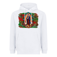 White Mexican Flag Lady Of Guadalupe Distressed Backgrou Heavyweight Hoodie - RanaPortraitStore