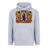 Heather Grey Sunflower Lady Of Guadalupe Distressed Background Heavyweight Hoodie - RanaPortraitStore
