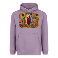 Lavender Sunflower Lady Of Guadalupe Distressed Background Heavyweight Hoodie - RanaPortraitStore