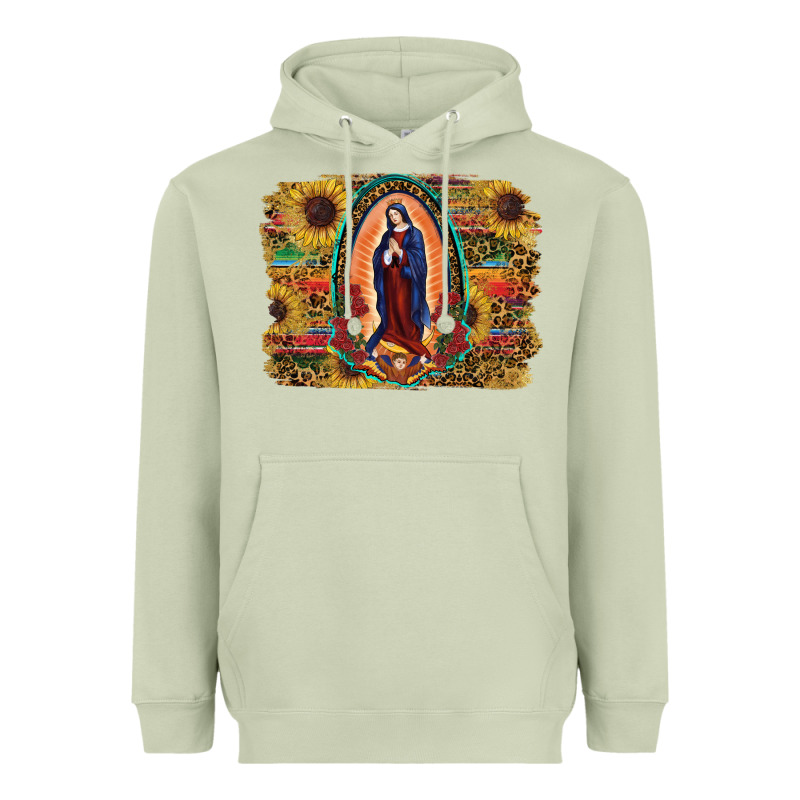 Sunflower Lady Of Guadalupe Distressed Background Heavyweight Hoodie by RanaPortraitStore | Teevron