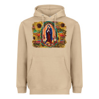 Mushroom Sunflower Lady Of Guadalupe Distressed Background Heavyweight Hoodie - RanaPortraitStore