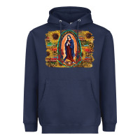 Navy Sunflower Lady Of Guadalupe Distressed Background Heavyweight Hoodie - RanaPortraitStore