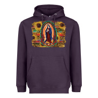 Plum Sunflower Lady Of Guadalupe Distressed Background Heavyweight Hoodie - RanaPortraitStore