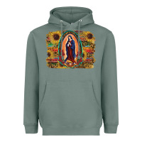 Sage Sunflower Lady Of Guadalupe Distressed Background Heavyweight Hoodie - RanaPortraitStore